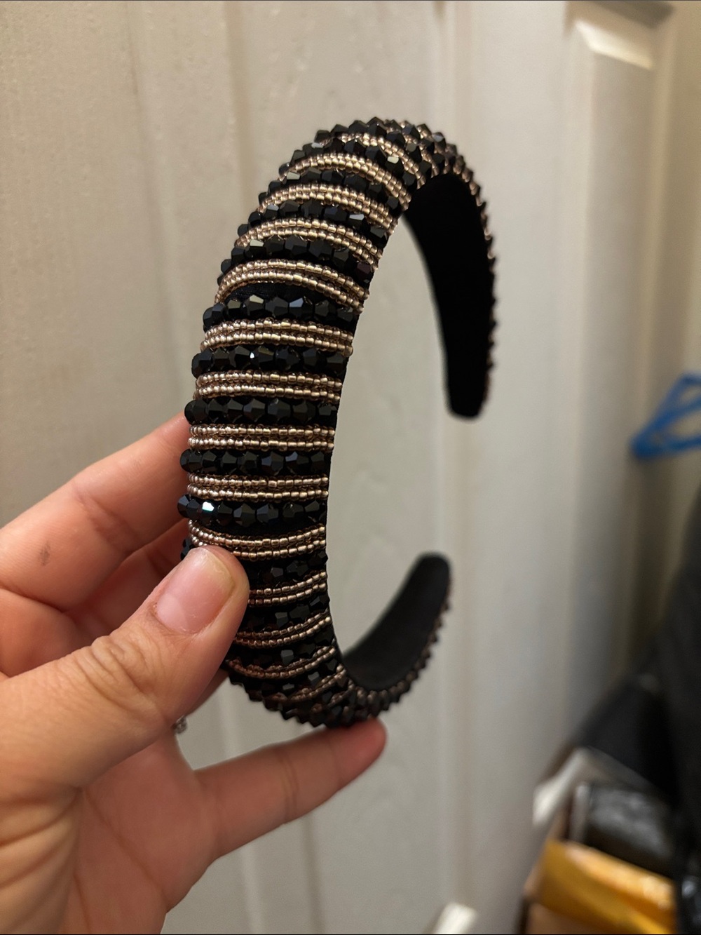 Black Headband with Gold-Tone Beaded Accents